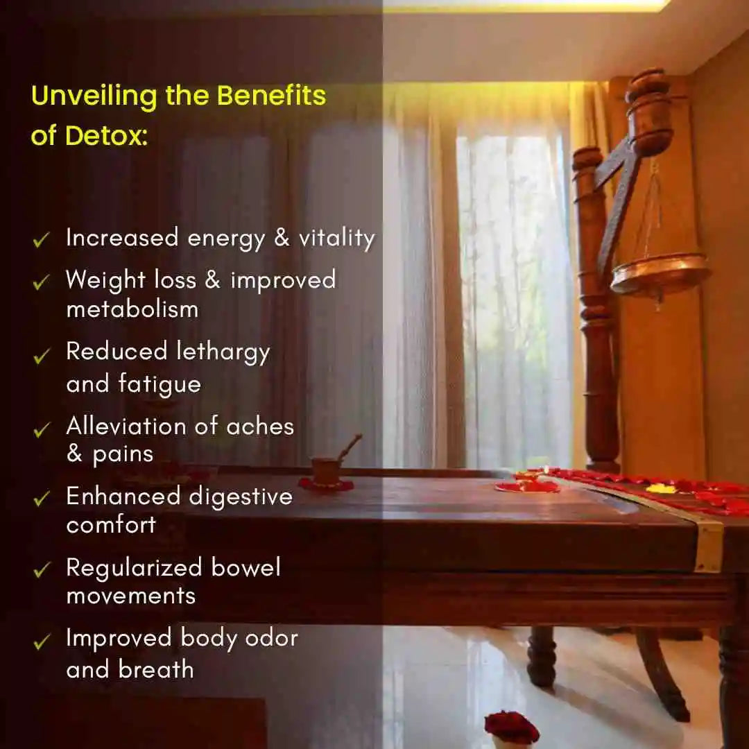 Wooden table with a chair in a room, overlaid with text on the left side about Ayurveda body detox benefits.