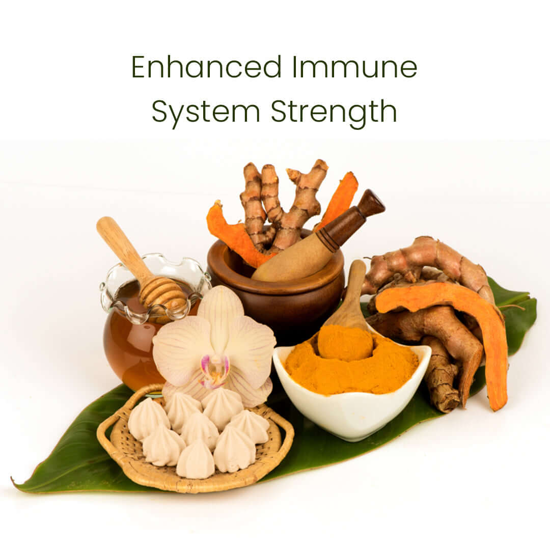 A collection of natural healing essentials, including Tulsi, turmeric, and medicated oils, used in the holistic treatment of allergic rhinitis and chronic congestion.