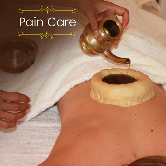 A person receiving a back massage, with a focus on the hands applying pressure to the massage point. The background is subtly blurred and there is a label reading 'PAIN CARE'.