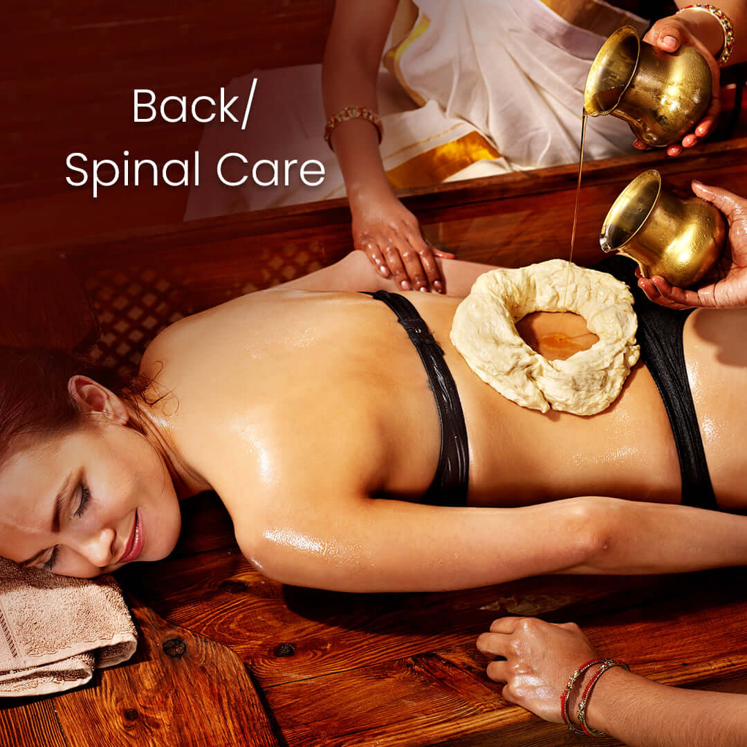 Ayurvedic oil therapy is used in back spine pain treatment to nourish the spine, relieve lower back pain, and support spinal healing.