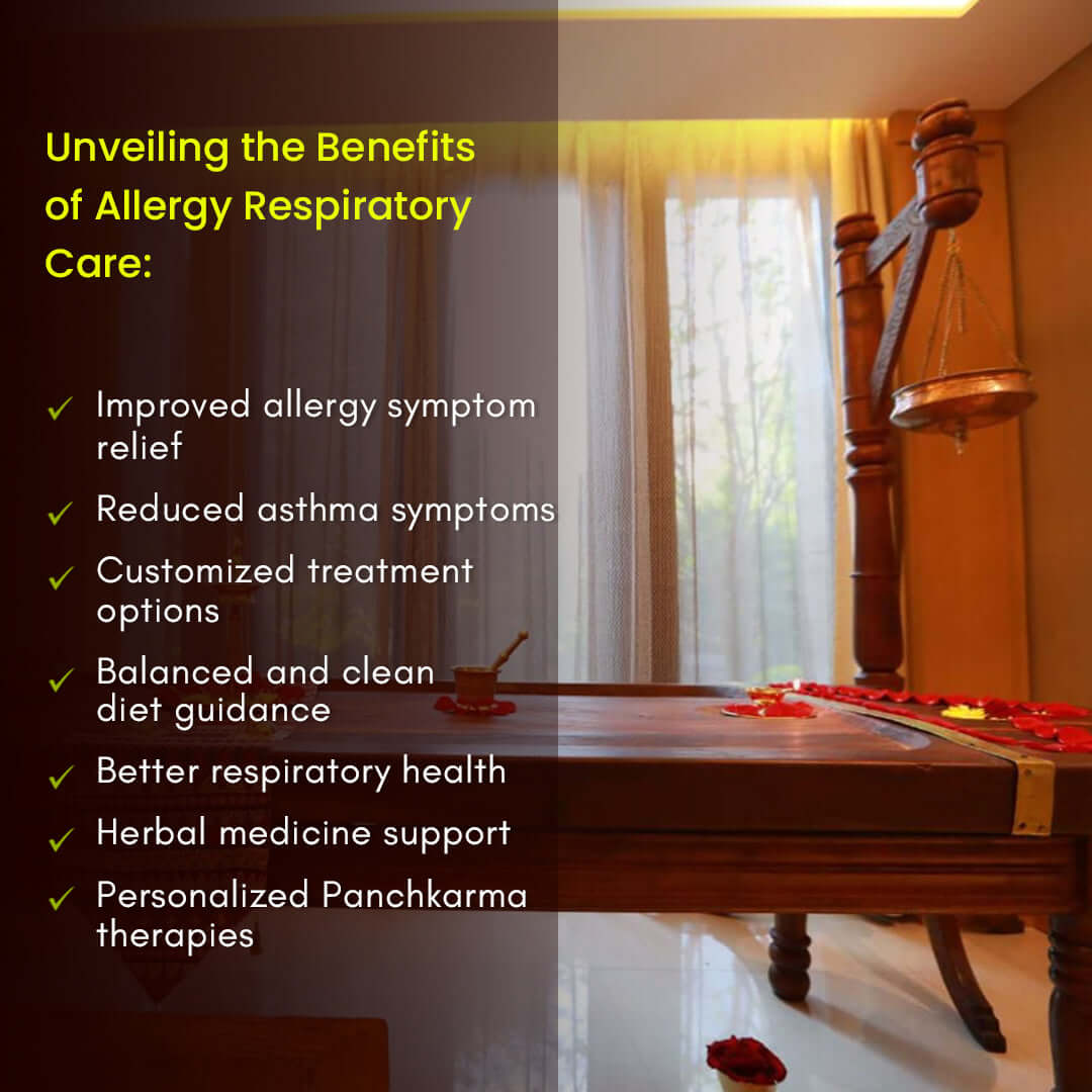 An infographic detailing the health benefits of the Ayurvedic respiratory allergy treatment, highlighting clear sinuses, reduced asthma symptoms, and stronger immunity.