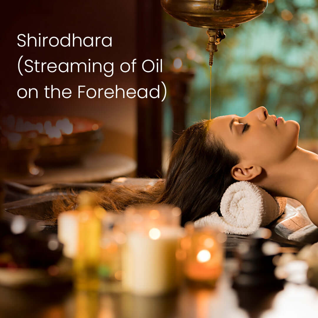The Shirodhara process during Panchakarma treatment is used to relieve stress, anxiety, and insomnia through oil application.