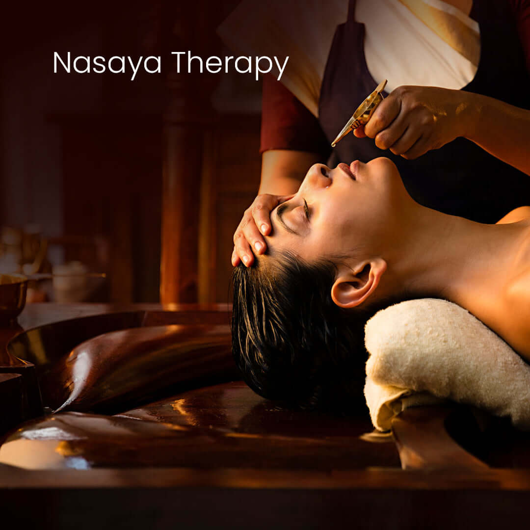 A relaxing display of Ayurvedic essentials, including herbal oils, flowers, and massage tools for Panchakarma treatment during Nasaya Therapy. 